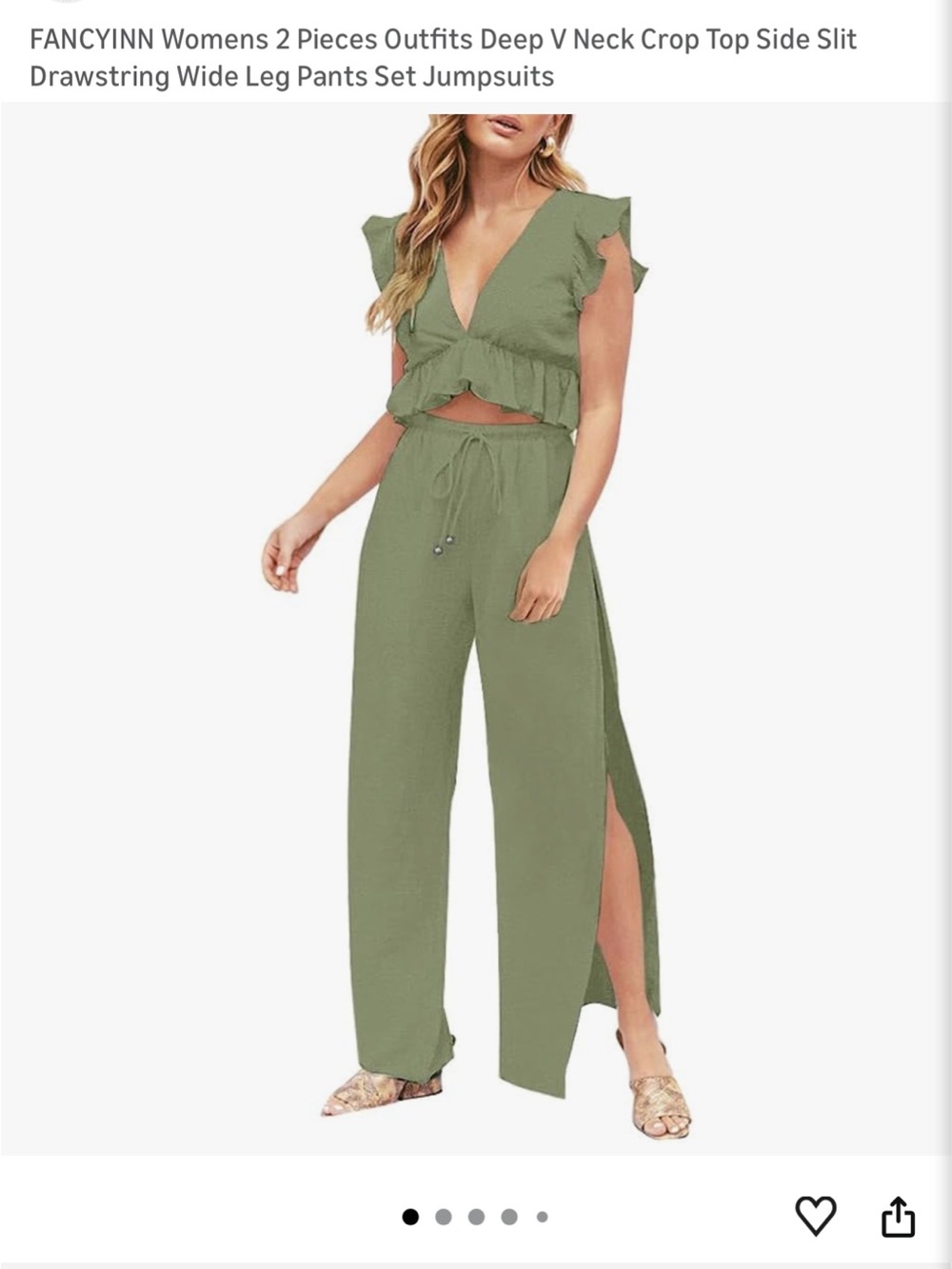 Fancyinn Olive Green Wide-Leg Two-Piece Jumpsuit with Side Slits NWT